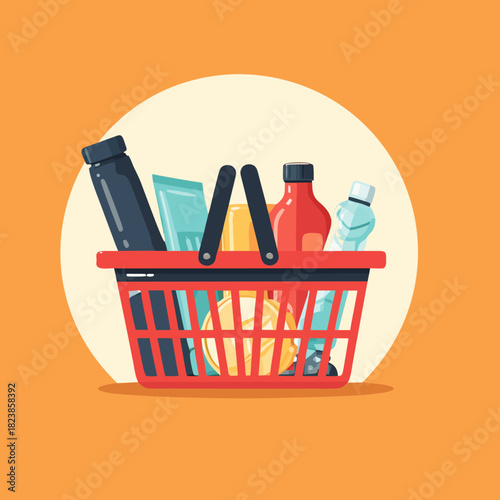 Shopping Basket Filled with Various Products for Purchase.
