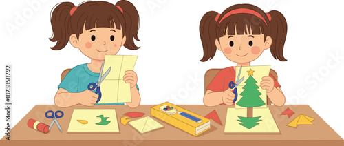 Children craft activity illustration, cutting paper, Christmas tree design, glue, scissors, creative learning, cartoon style, holiday theme