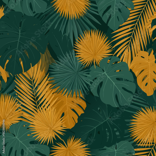 Tropical Foliage Pattern Lush Green and Golden Palm Leaves.