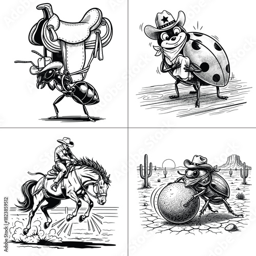Cowboy Animals Set Ant Saddle Ladybug Rider Dung Beetle Line Art