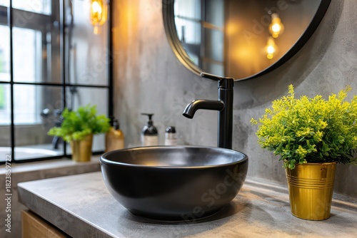 Modern bathroom interior with a black round sink, matte black faucet, a round mirror, and decorative green plants, reflecting a minimalist and stylish design aesthetic.