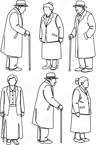 A set of elderly people, men and women, old man with a cane