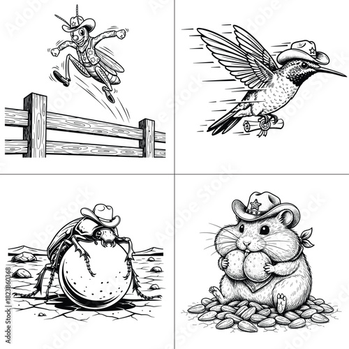 Cowboy Animals Set Grasshopper Hummingbird Beetle Hamster Line Art