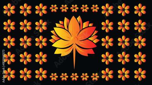 A vibrant digital illustration featuring a central lotus flower surrounded by a border of smaller orange flowers against a dark background.
