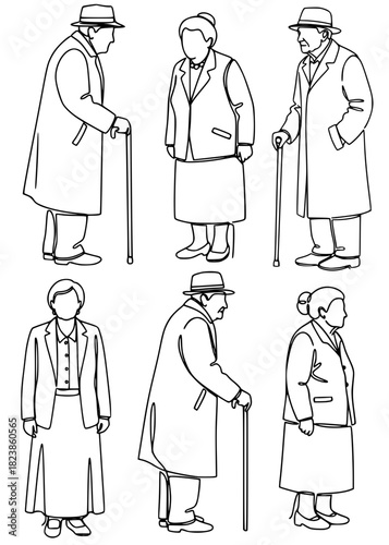 A set of elderly people, men and women, old man with a cane