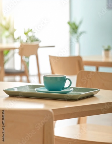 Wallpaper Mural 明るい木製テーブルの上に、トレーとカップが一組だけ整然と置かれた介護施設のダイニングエリア。
エアリーで雑然さのないミニマル構図が、清潔感と落ち着きのある食事空間を表現。 Torontodigital.ca