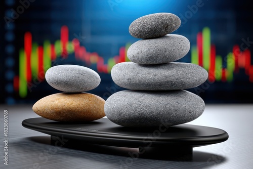 Zen stones stacked for balance, on a balance platform, stability representing a stock market chart as a background, stability and investment concept, finance.