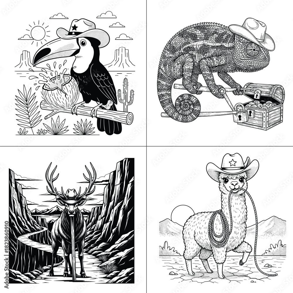 Obraz premium Cowboy Animals Set Toucan Chameleon Deer Alpaca Desert Line Art