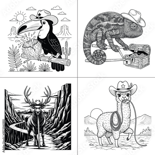 Cowboy Animals Set Toucan Chameleon Deer Alpaca Desert Line Art