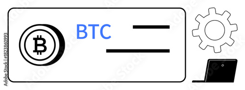 Bitcoin wallet icon, BTC symbol on card, gear, laptop illustration. Ideal for cryptocurrency, blockchain, fintech, digital payment data security innovation technology themes. Simple flat metaphor