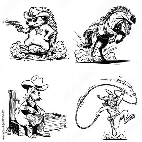 Cowboy Animals Set: Hedgehog Sheriff Bucking Horse Duck Bunny Line Art