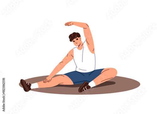 Young man stretches before workout. Athlete sits on the floor and bends. Sportsman practices fitness and yoga. Boy does sports exercises while training. Flat isolated vector illustration on white.