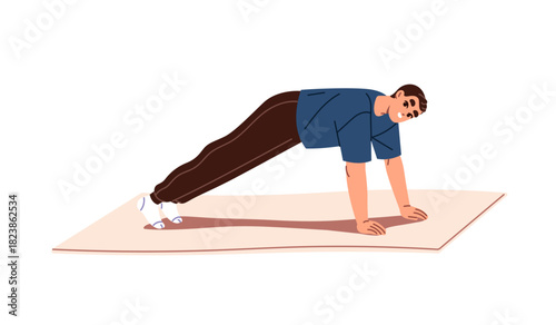 Athlete is training. Young man does push ups. Happy boy stands in plank position while workout. Person practices sports exercises in fitness gym. Flat isolated vector illustration on white background.