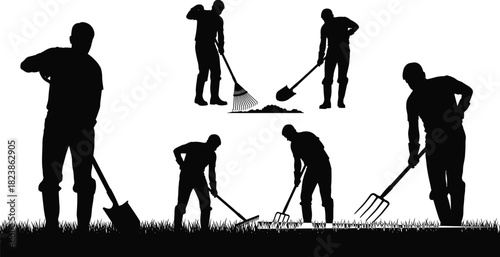 Gardening and farming silhouette set, shovel, rake, pitchfork, working poses, black on white, agricultural labor icon
