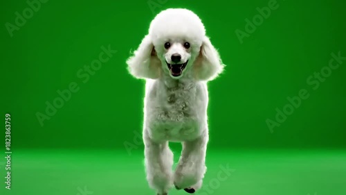 Joyful white poodle dog running forward on green screen