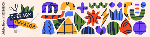 Fun abstract collage with doodle art and geometric cutouts. Playful drawn textures bring a fresh creative style. Great for design compositions and decor