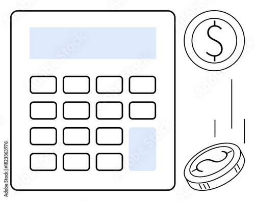 Calculator with numeric buttons alongside coins featuring monetary signs. Ideal for finance, accounting, budgeting, investment, tax management, saving, and economic planning. Simple flat metaphor