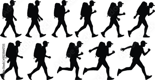 Hiking motion silhouette sequence, person with backpack, walking cycle, cap, black on white, trekking icon