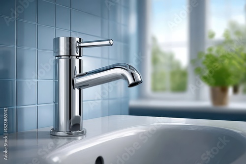 Modern chrome faucet and ceramic sink in a stylish bathroom with blue tiles and natural light.