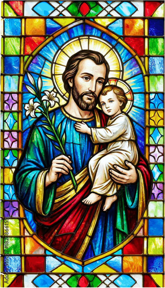 Obraz premium Saint Joseph and Child Jesus – Colorful Stained Glass Sacred Catholic Artwork