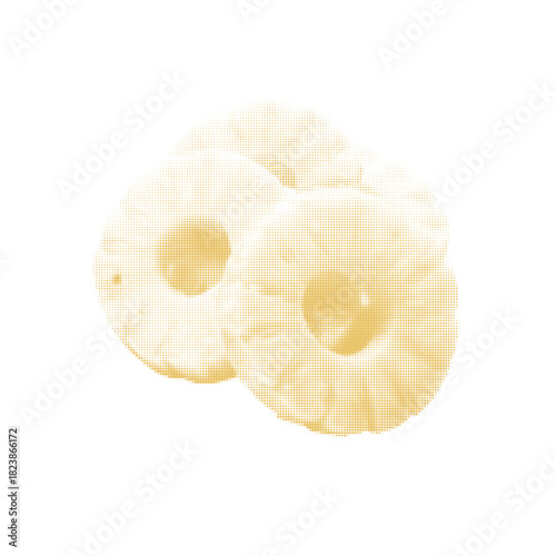 Halftone illustration of pineapple rings in soft yellow tones. Tropical fruity design symbolizing freshness, sweetness, summer flavor and healthy nutrition.