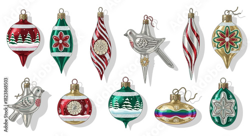Collection of vintage Christmas ornaments with traditional designs and festive colors