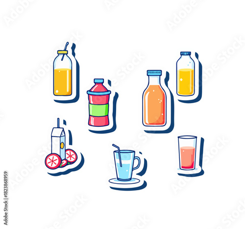 Assorted fruit juice containers and glasses illustration