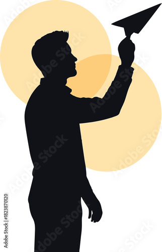 Silhouette of a man holding a paper airplane. Concept of startup, launch, vision, and ambition vector illustration.