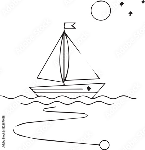 A simple line art drawing of a sailboat on water, isolated on white background
Minimalist black and white line art of a sailboat on wavy water. A circular celestial body and stars are in the sky. A wi