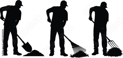 Yard work silhouette set, shovel, rake, pitchfork, gardening tools, landscaping posture, black on white, outdoor labor icon, garden activity