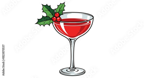 Festive red Christmas cocktail in a classic coupe glass, elegantly garnished with a sprig of holly, isolated on a white background