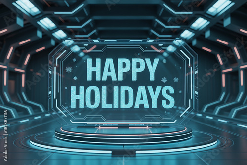 Futuristic Happy Holidays greeting with glowing snowflake accents in a sci-fi themed setting, perfect for modern seasonal promotions and technology-driven holiday campaigns