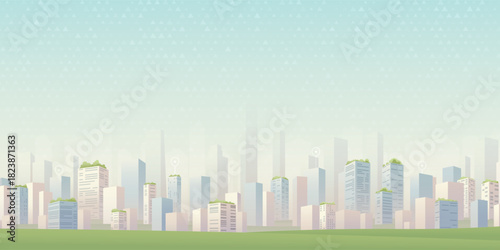 Urban city skyline background with eco friendly skyscrapers and green park area. Vector illustration.