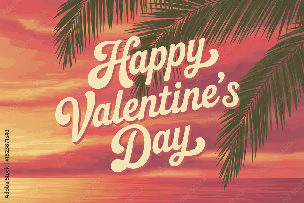 Obraz premium Tropical Valentine's Day illustration with palm trees and a romantic sunset, perfect for sending warm, loving wishes to your sweetheart this February