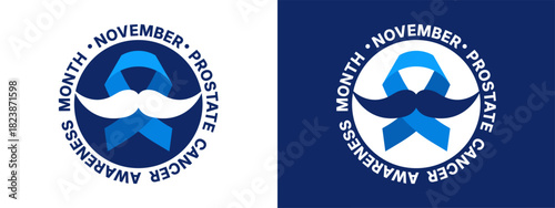 November Prostate cancer awareness month symbol. Blue ribbon with moustache. Men cancer prevention in November month, round graphic design element as a stamp. Vector flat illustration
