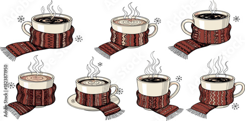 A charming collection of illustrated hot winter beverages, each mug wrapped in a unique cozy knitted scarf