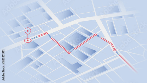 Isometric blue city map with red navigation path and destination marker. Vector illustration.