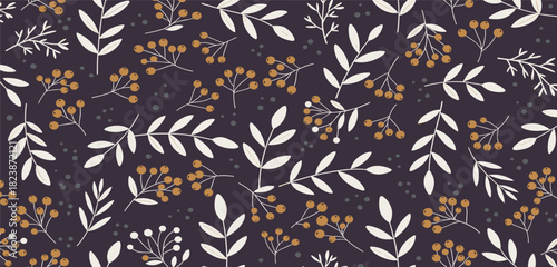 Elegant Botanical Pattern in Dark Purple with White Leaves and Orange Berries - Nature's Charm