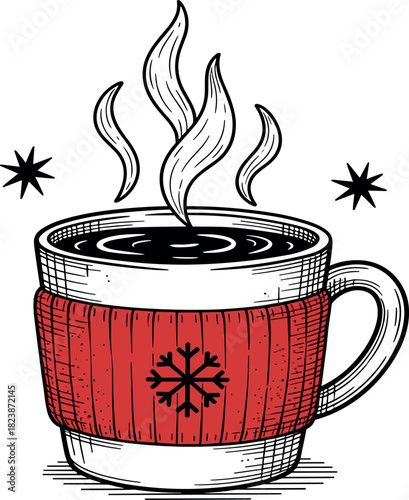 Steaming Hot Beverage in a Cozy Winter Mug with Festive Snowflake Pattern and Sparkling Accents