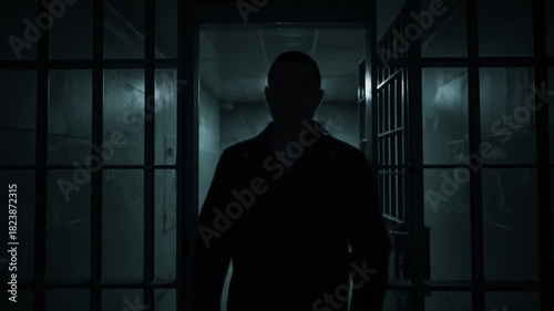 A shadowy figure walks through an open cell door in a dimly lit prison corridor