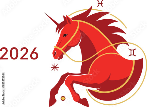 Red unicorn illustration with 2026 zodiac symbols and yellow lines on a white background