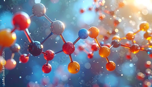 Colorful, connected spheres linked to form a molecular chain against a soft, bokeh background