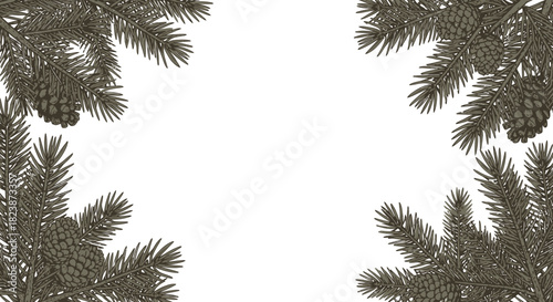 Monochromatic fir tree branches with pine cones forming a decorative winter holiday frame on a white background