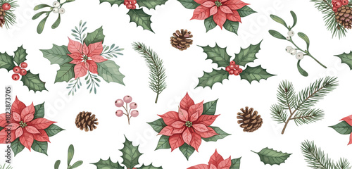 Seamless watercolor pattern of festive Christmas botanicals, featuring poinsettias, holly, mistletoe, pine cones and evergreen branches for holiday decor and design