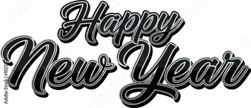Elegant black and silver script typography wishing a joyful and prosperous Happy New Year celebration, perfect for festive greetings and holiday messages