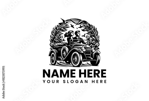 A romantic couple on a vintage car road trip through a scenic landscape, a classic vector logo illustration