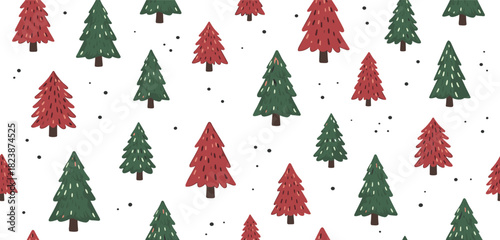 Festive seamless pattern of stylized red and green evergreen trees on white. A joyful winter holiday concept perfect for seasonal graphic designs, textiles, or gift wrap