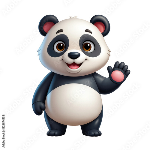 Adorable Chubby Panda Character Waving Hand 3D Mascot Illustration Cute Cartoon, Transparent Background