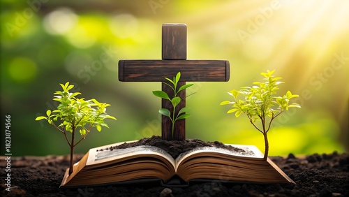 Christian cross with green plants growing from open bible in sunlight
