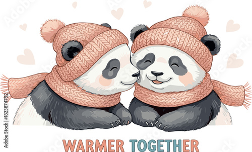 Adorable illustration of two cuddly pandas in cozy pink winter hats and scarves, sharing a tender nuzzle symbolizing warmth, affection, and companionship